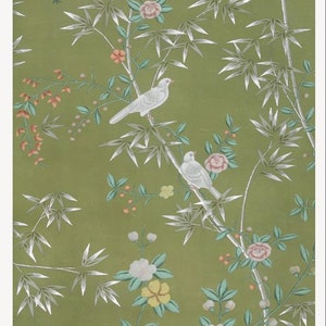 May include: A wallpaper design featuring a repeating pattern of white birds perched on bamboo branches with silver leaves. The background is a muted green, and the design includes pink and yellow flowers and small orange berries.