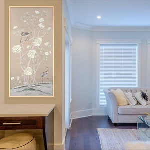 24&quot; by 48&quot; -- A pair of unframed wall artwork--- Chinoiserie  hand-painted silk panel---Stone Ochre ground silk wallpaper