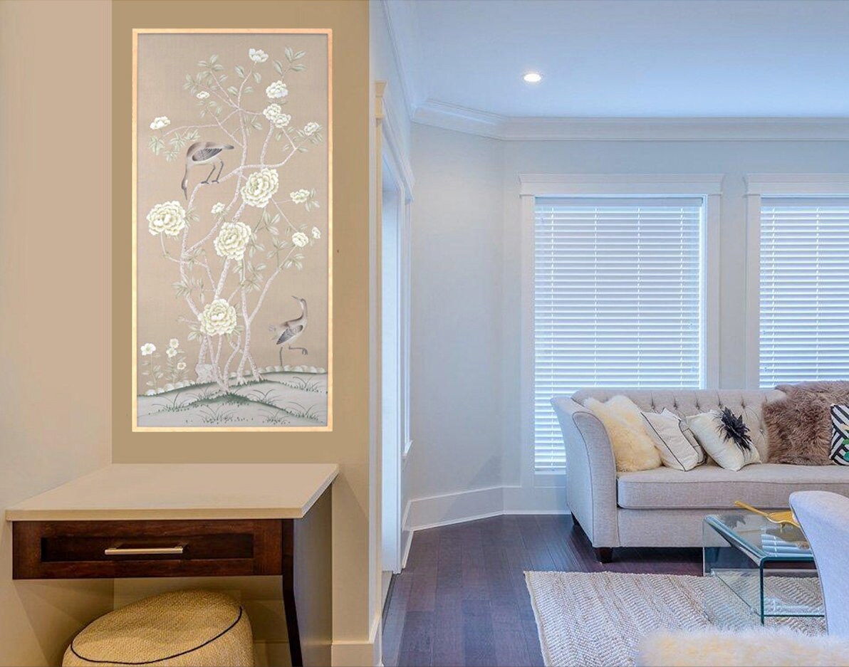 24&quot; by 48&quot; -- unframed wall artwork--- Chinoiserie  hand-painted silk panel---Stone Ochre ground silk wallpaper