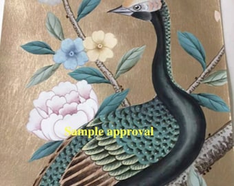 hand-painted Peacock and Peony on Metallic Leaf---Gilded chinoiserie panels----chinoiserie wallpaper---Reserved for Alison---T