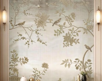 Luxury  Chinoiserie Hand-painted wallpaper,  birds and flowers hand-painted on ML25#, Custom design to fit the wall size