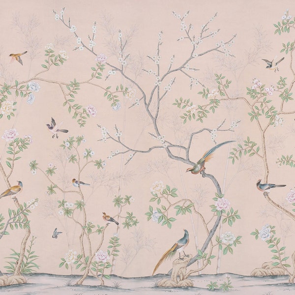 36" *108", Birds Awakening Garden, chinoiserie handmade wallpaper