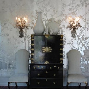 Fragrance Garden on Silver Metallic Leaf Hand-painted metallic wallpaper