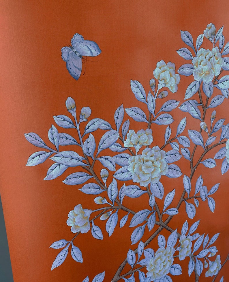 Orange Red Chinoiserie Wallpaperoriental Hand-painted - Etsy