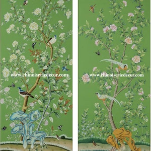 24" 48",  Emerald Green wall artwork,  A pair of unframed Chinoiserie Floral ---- Prints wall artwork----shipping immediately