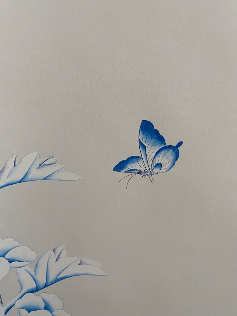 Blått och vitt porslin//vintage chinoiserie-tapet tryckt på non-woven-papper//Blommor och fåglar-tapet/Botanisk konst/Vägmålning bild 7