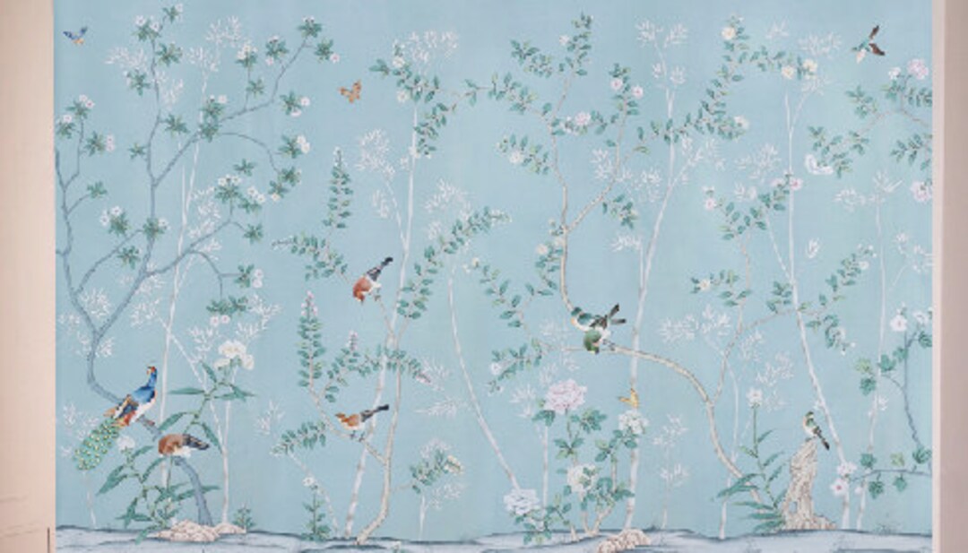 36 96. Handpainted Silk Wallpaper, Chinoiserie Birds and Flowers, Duck