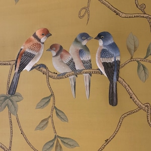 Partial embroidery wallpaper, Birds and Vines, handpainted silk wallpaper, partial embroidery wallpaper