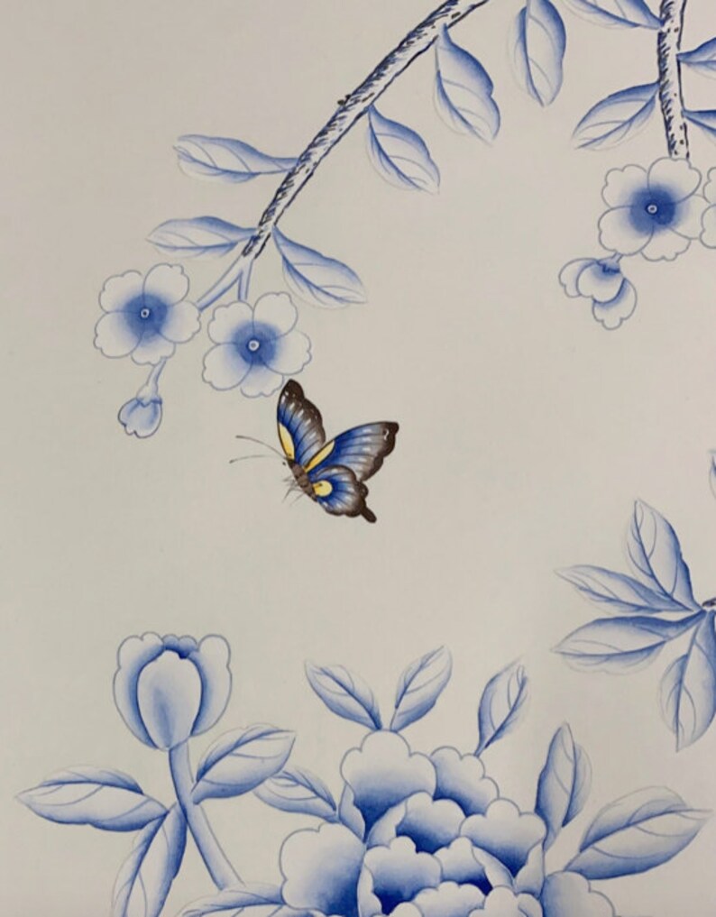 Blått och vitt porslin//vintage chinoiserie-tapet tryckt på non-woven-papper//Blommor och fåglar-tapet/Botanisk konst/Vägmålning bild 10