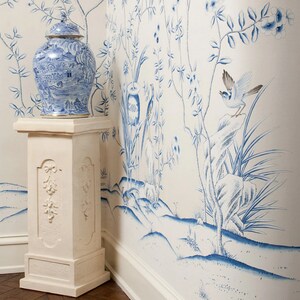 Blått och vitt porslin//vintage chinoiserie-tapet tryckt på non-woven-papper//Blommor och fåglar-tapet/Botanisk konst/Vägmålning bild 3