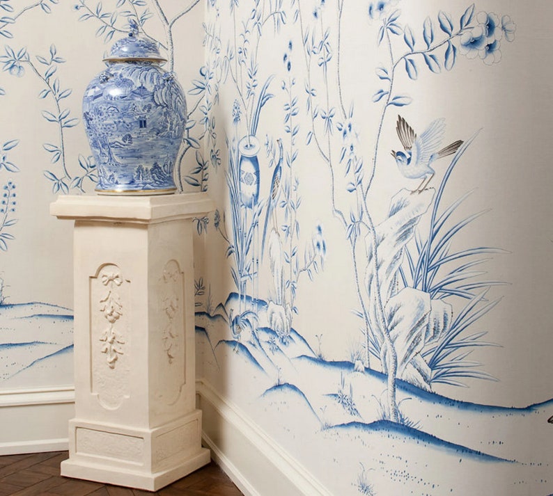 Blått och vitt porslin//vintage chinoiserie-tapet tryckt på non-woven-papper//Blommor och fåglar-tapet/Botanisk konst/Vägmålning bild 3