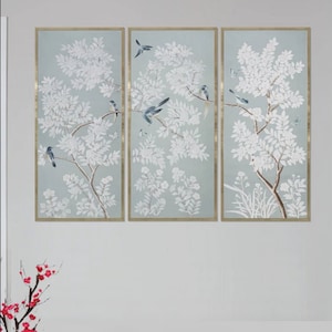 24&quot; *53&quot;--A set of 3 panels----Handpainted Triptych----Unframed hand-painted Chinoiserie panels
