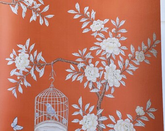 3ft*10ft, Orange red chinoiserie wallpaper----Oriental hand-painted  panels----shipping immediately