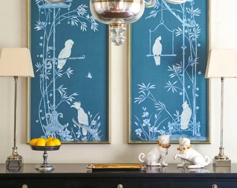 24"*48" En uppsättning av två orammade paneler, handmålade sidenpaneler, sidentapet i chinoiserie (utan ram), listpriset är för 1 panel.