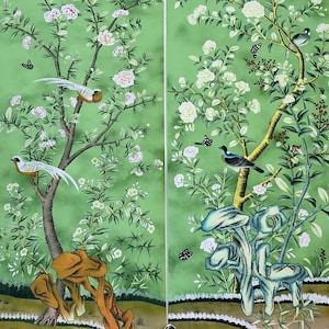 Vintage Chinoiserie Floral, Chinoiserie Green Panels, Set of 2, Wall Art, Wall Decor, Wall Decal, Wall Hanging ( no frame)
