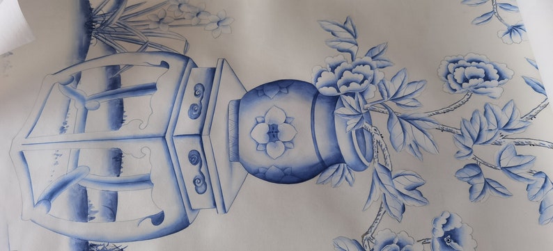 Blått och vitt porslin//vintage chinoiserie-tapet tryckt på non-woven-papper//Blommor och fåglar-tapet/Botanisk konst/Vägmålning bild 9