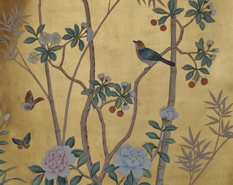 antiqued metallic walpaper, handpainted chinoiserie wallpaper, reserved for shipping approval