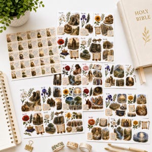 May include: A collection of sticker sheets featuring vintage-style illustrations of biblical scenes, flowers, and landscapes, each labeled with a day number and scripture reference. The stickers include depictions of crowns, scrolls, and trees.