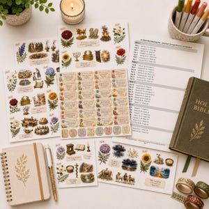May include: An assortment of stationery items including stickers, a notebook, a pen, a Bible, and a reading plan. The stickers feature floral and biblical illustrations. The notebook has a beige cover with a gold leaf design. A lit candle and colorful pens are also visible.