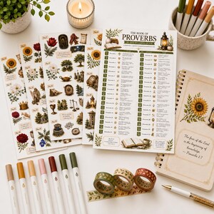 May include: A collection of stationery items including stickers, washi tape, pens, and a notebook. The notebook features a sunflower design and the text "The fear of the Lord is the beginning of knowledge - Proverbs 1:7".