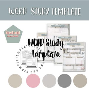 May include: A printable word study template with a gray, pink, and beige color scheme. The template includes sections for word, definition, synonyms, antonyms, sentence, and example. The text "WORD STUDY TEMPLATE" is at the top of the image.