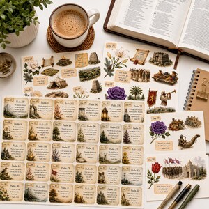 May include: A collection of sticker sheets featuring vintage-style illustrations of biblical scenes, flowers, and landscapes, each labeled with a day number and a Psalm verse. The stickers are arranged in a grid and include depictions of scrolls, stone monuments, and nature scenes.