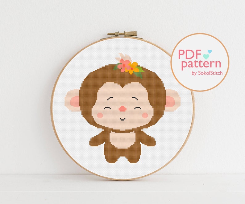 DIY nursery decor African animal easy embroidery pattern Easy embroidery design Monkey cross stitch PDF Pattern