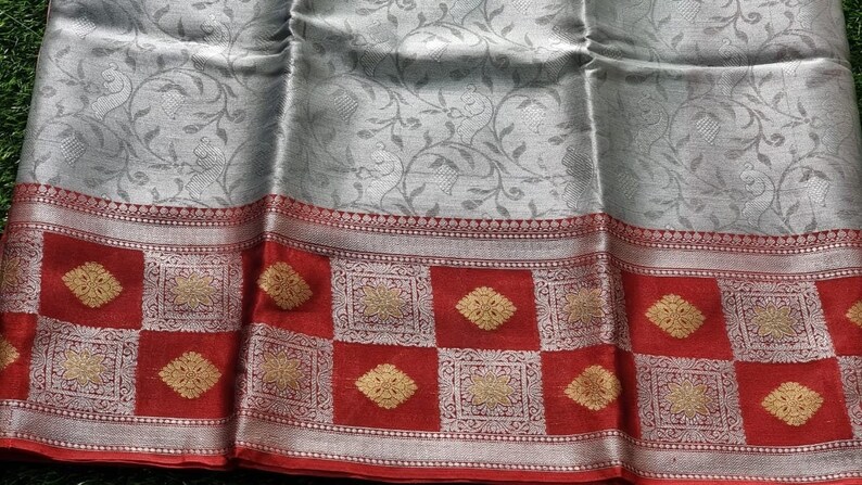 Attractive Banarasi Tissue silk saree Fall-Pico /& Saree Tassels are free Grey and Red Combination