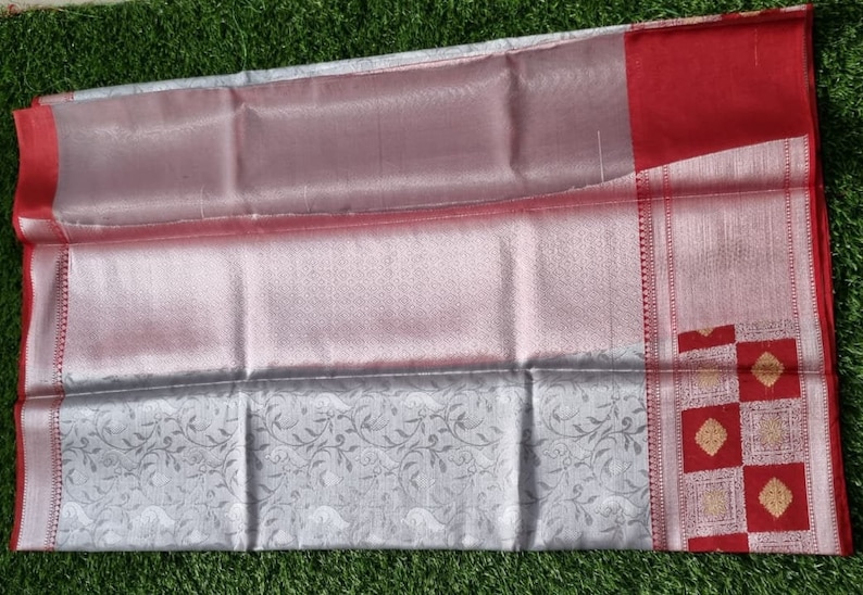 Attractive Banarasi Tissue silk saree Fall-Pico /& Saree Tassels are free Grey and Red Combination