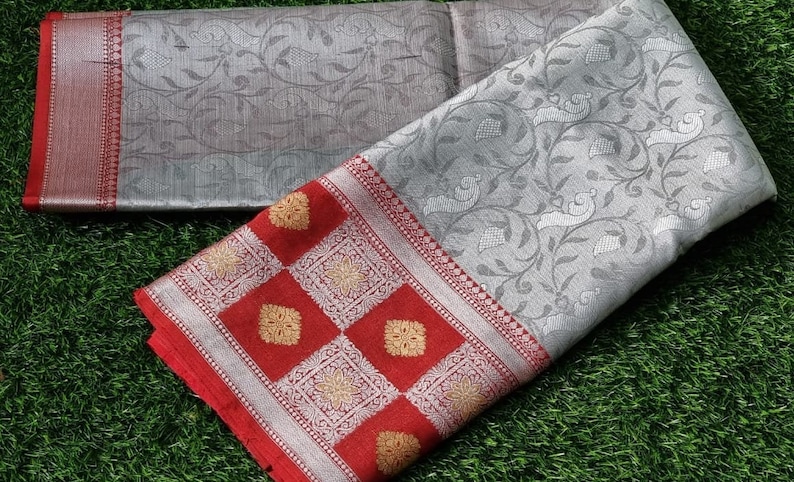 Attractive Banarasi Tissue silk saree Fall-Pico /& Saree Tassels are free Grey and Red Combination