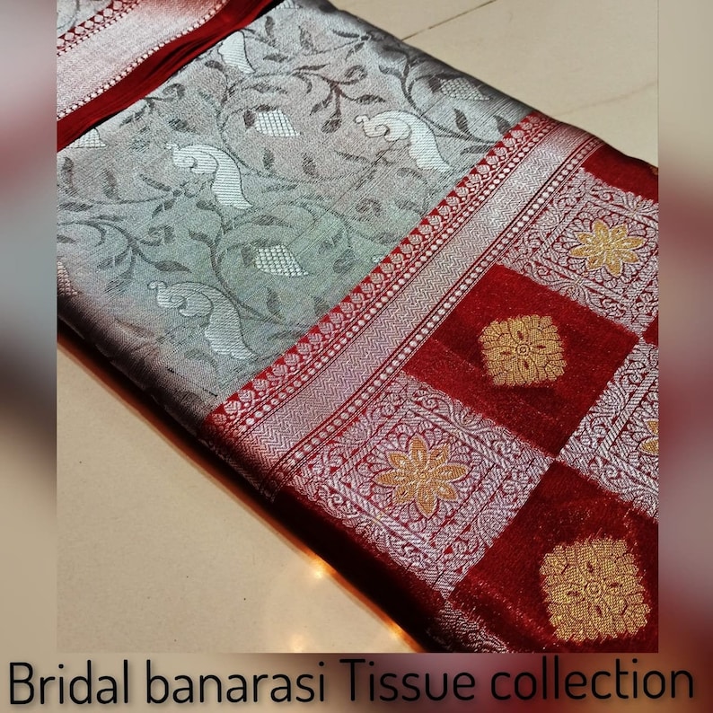 Attractive Banarasi Tissue silk saree Fall-Pico /& Saree Tassels are free Grey and Red Combination