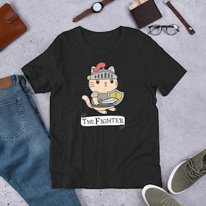DnD Fighter Cat T-Shirt | Dungeon Master Gift | RPG Gamer Tee for Cat Lovers