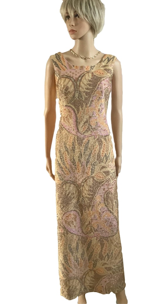 60's Gold Brocade Long Cocktail Dress