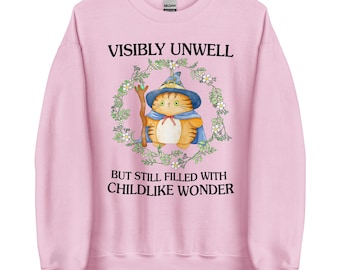 May include: Pink sweatshirt featuring a cartoon cat wearing a wizard hat and holding a wand. The text on the sweatshirt reads "Visibly Unwell But Still Filled With Childlike Wonder."