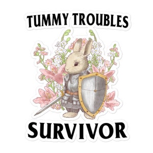 May include: A white rabbit wearing armour and holding a sword and shield stands in front of pink flowers. The text "TUMMY TROUBLES SURVIVOR" is written in black letters on a white background.