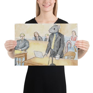 May include: A watercolor painting of a courtroom scene with a rat wearing a suit and tie standing at a podium. The rat is giving a presentation to a jury of three people. The rat has a tail that is curled up behind it. The courtroom is painted in a light yellow and brown color scheme.