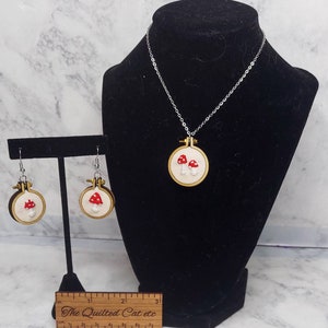 Mother's Day gifts; Mushroom jewelry set; mushroom earrings; mushroom necklace; embroidered jewelry; cottagecore jewelry; tiny embroidery; image 1