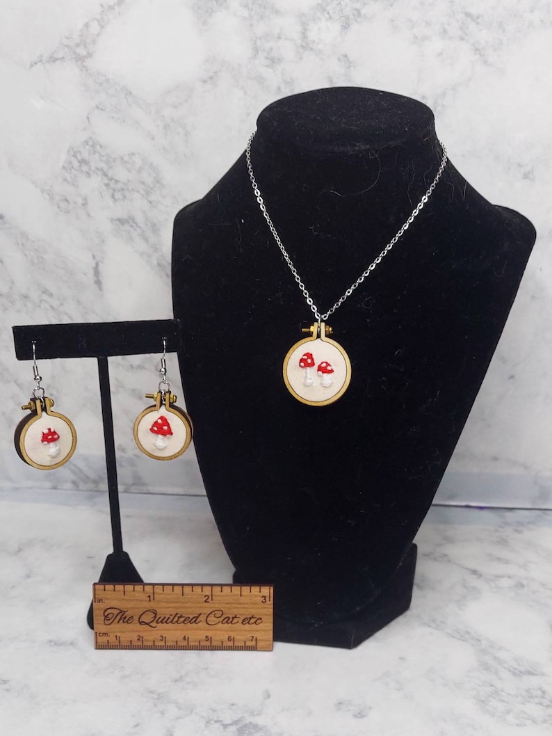 Mother's Day gifts; Mushroom jewelry set; mushroom earrings; mushroom necklace; embroidered jewelry; cottagecore jewelry; tiny embroidery; image 1