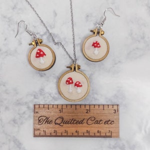 Mother's Day gifts; Mushroom jewelry set; mushroom earrings; mushroom necklace; embroidered jewelry; cottagecore jewelry; tiny embroidery; image 4
