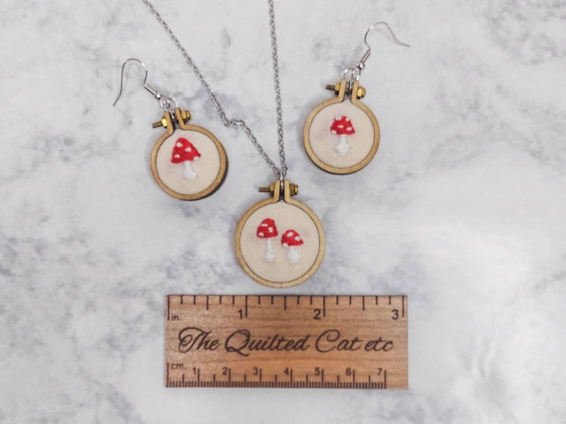 Mother's Day gifts; Mushroom jewelry set; mushroom earrings; mushroom necklace; embroidered jewelry; cottagecore jewelry; tiny embroidery; image 4