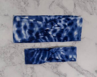 Blue tie dye faux knot headband; mommy and me style; tie dye headband; baby headband; adult headband; blue headband; yoga style headband