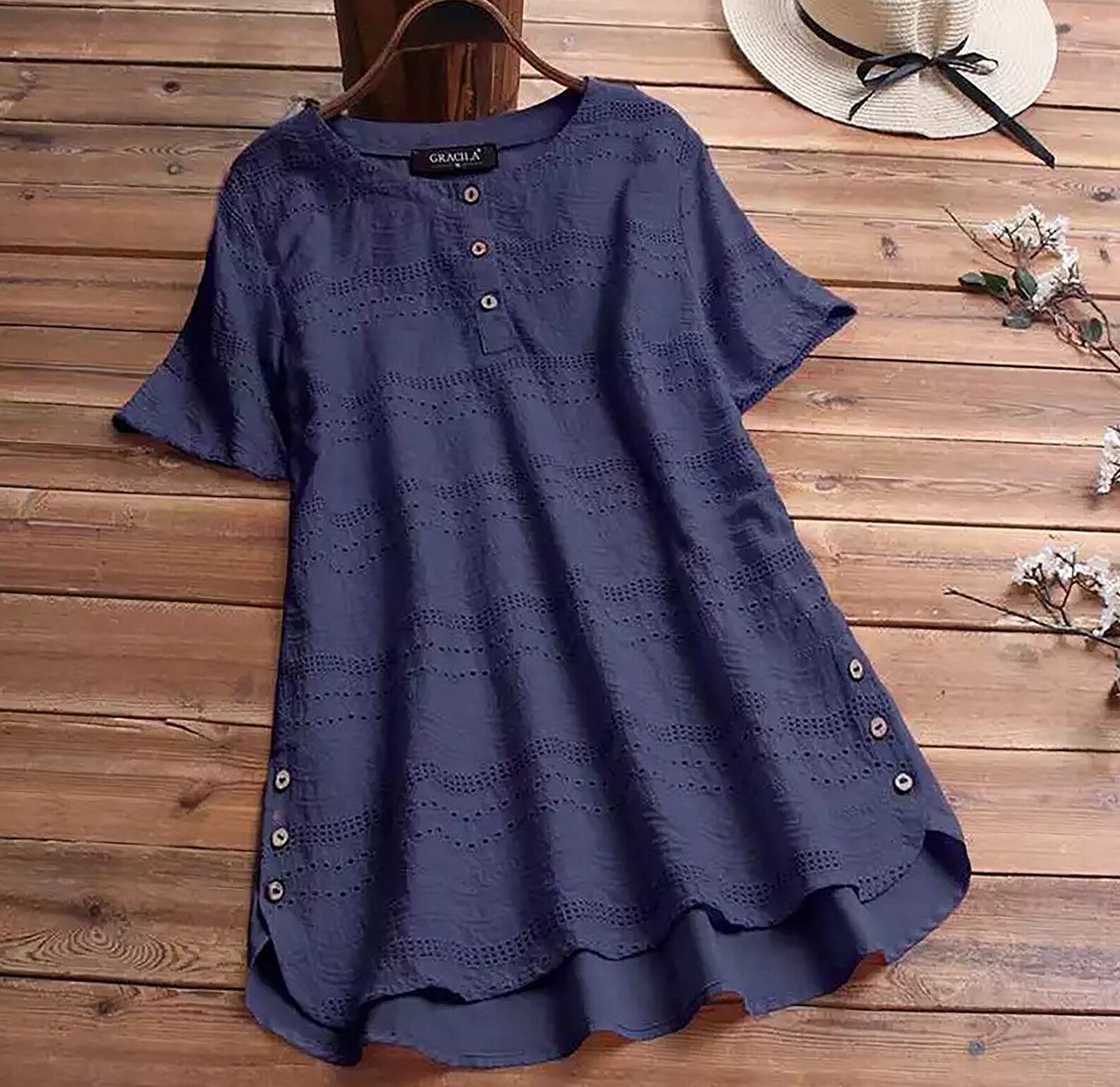 Chemisier Femme Mousseline Manches Courtes - Col V Élégant Avec Poche - T-Shirt Chic Printemps/Été
