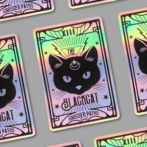 Adesivo Holo Carta de tarô de gato preto, holográfico, adesivo gótico, holográfico