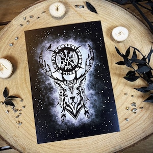Cartolina cervo Vegvisir, biglietto d'auguri, vichingo, mitologia nordica, occulto, bussola vichinga