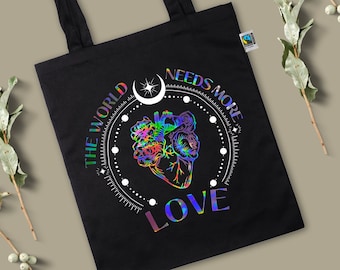 Positiviteit jute tas, biologisch, eerlijke handel, tas, holografisch, De wereld heeft meer liefde nodig, liefde