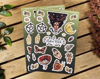 May include: A sheet of stickers featuring a nature witch with a crescent moon, pentagram, mushrooms, butterflies, and other nature-themed designs. The stickers are on a green background with the text "Nature Witch" and "AileenTreasureBox.com".