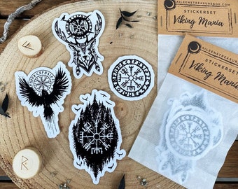 Sticker Set Viking Mania, 4+1 Stickers, Vegvisir, Aegishjalmur, Gothic, North, Raven, Norse