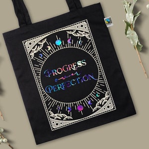 Positivity jute bag, organic, fair trade, bag, self-care, holographic, progress over perfection,