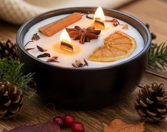 Herbst / Winter Duftkerze mit Holzdocht und Deckel aus Sojawachs (Bio), Geschenk und Dekoration
