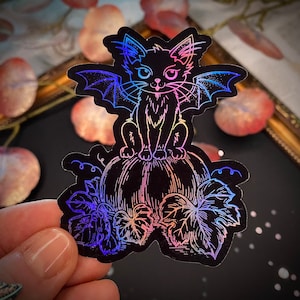 Autocollant Bat Cat imprimé en feuille, holographique, métallique, chat avec des ailes de chauve-souris